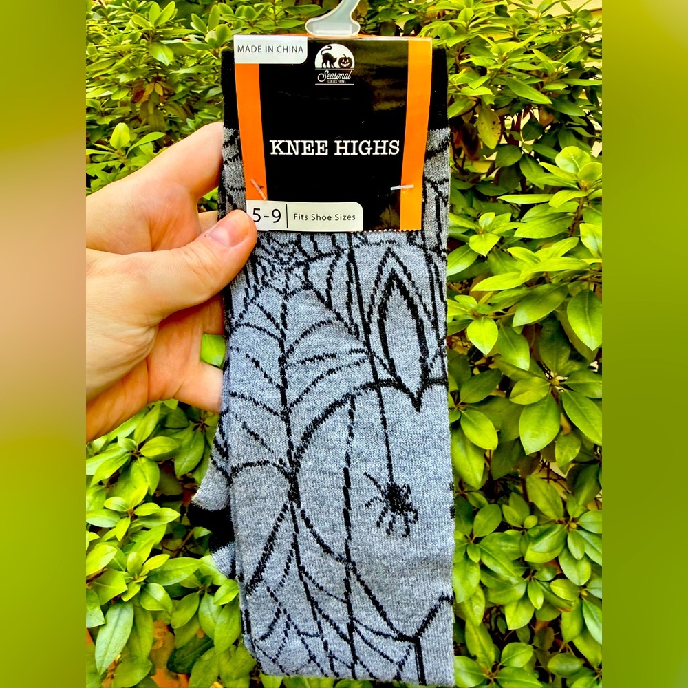 Gray & Black Spider’s Web Soft Knee High Socks Spooky Goth Fun